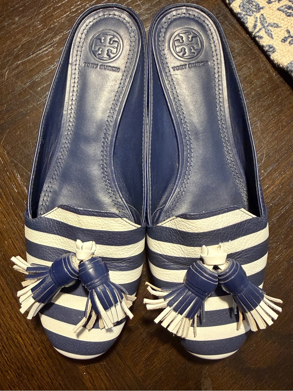 Tory Burch Blue White Striped Leather Tassel Slip-On Mule Flats, Size 7 - Picture 3 of 5